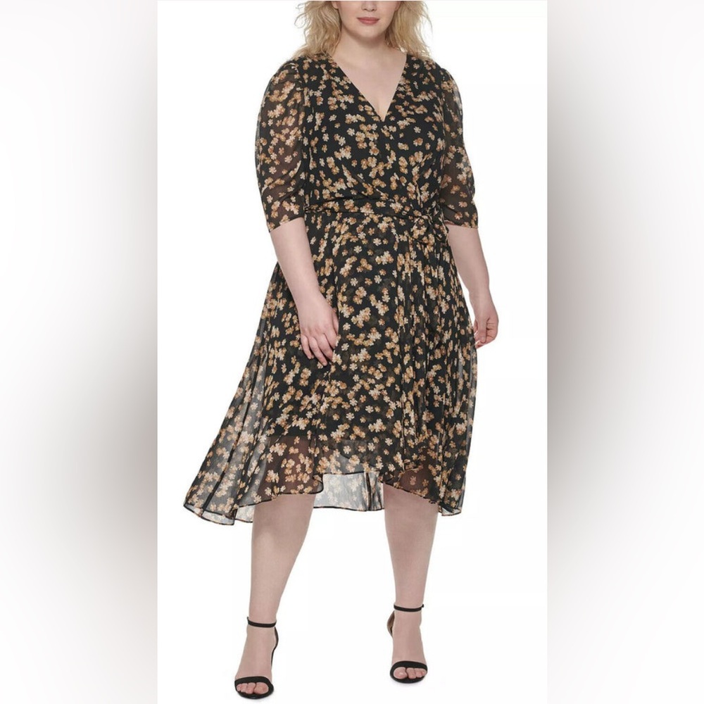 Tommy Hilfiger Black & Beige Floral Wrap Midi Dress - Plus Size 22W